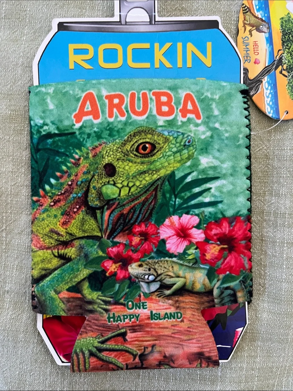 Aruba Green Reptile Iguana Can Cooler Sleeve NWT One Happy Island